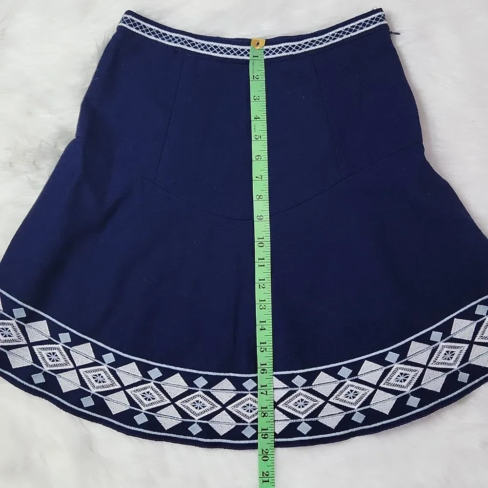 Shoshanna Navy A-line mini skirt  embroidered hem‎ size 2